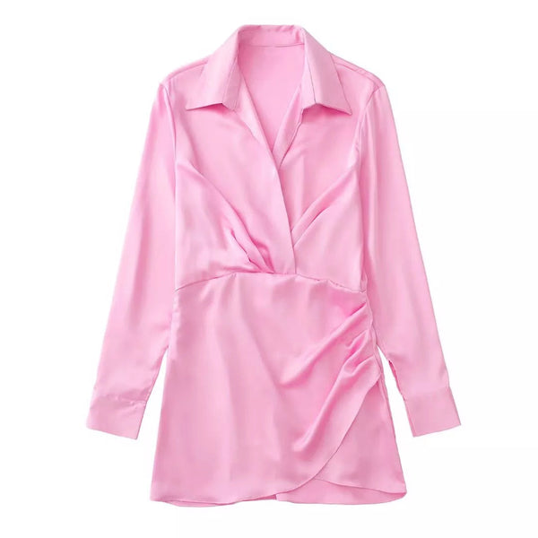 The Soft Satin Mini Shirt with Long Pleated Sleeves - Multiple Colors SA Formal Pink 3XS China