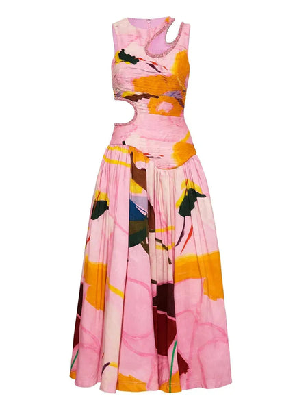 The Clarissa High Waist Folds Print Dress - Multiple Colors SA Formal Pink S 