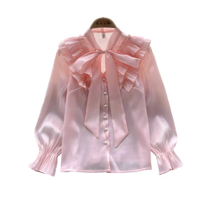 The Dorothea Bowknot Long Sleeve Ruffles Shirt - Multiple Colors SA Formal Pink S 