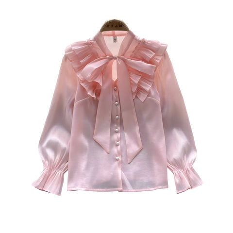 The Dorothea Bowknot Long Sleeve Ruffles Shirt - Multiple Colors SA Formal Pink S 