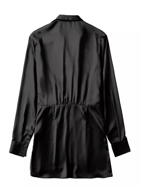 The Soft Satin Mini Shirt with Long Pleated Sleeves - Multiple Colors SA Formal 