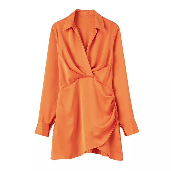 The Soft Satin Mini Shirt with Long Pleated Sleeves - Multiple Colors SA Formal Orange 3XS China