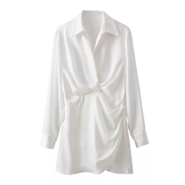 The Soft Satin Mini Shirt with Long Pleated Sleeves - Multiple Colors SA Formal White 3XS China
