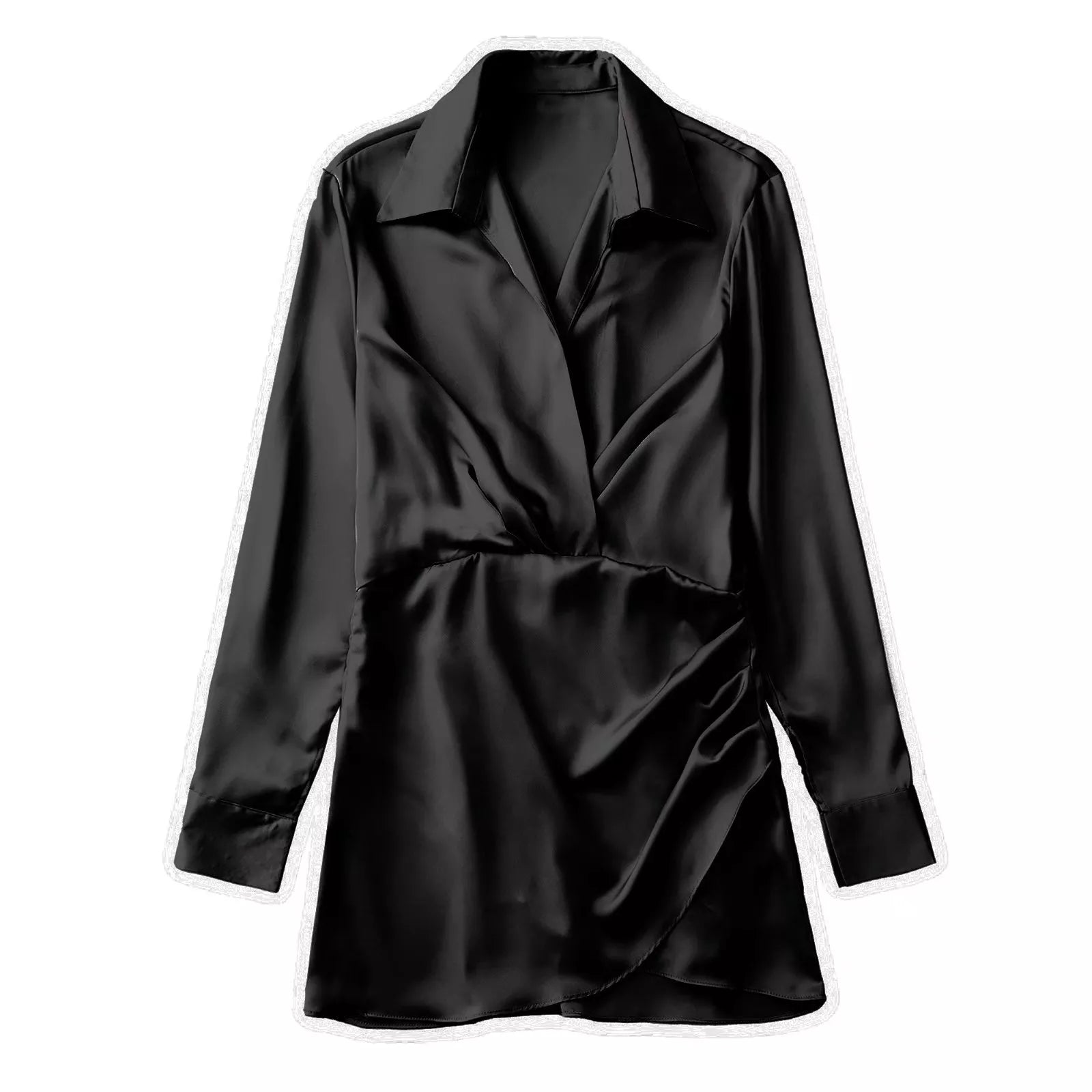 The Soft Satin Mini Shirt with Long Pleated Sleeves - Multiple Colors SA Formal Black 3XS China