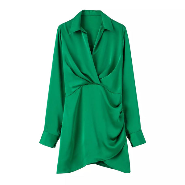 The Soft Satin Mini Shirt with Long Pleated Sleeves - Multiple Colors SA Formal Green 3XS China