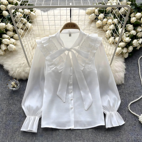 The Dorothea Bowknot Long Sleeve Ruffles Shirt - Multiple Colors SA Formal White S 