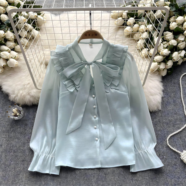The Dorothea Bowknot Long Sleeve Ruffles Shirt - Multiple Colors SA Formal Green S 
