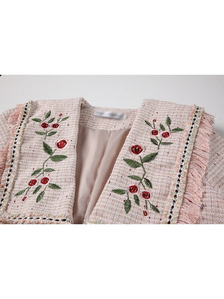 The Cherry Long Sleeve Embroidered Tweed Blazer 0 SA Styles 